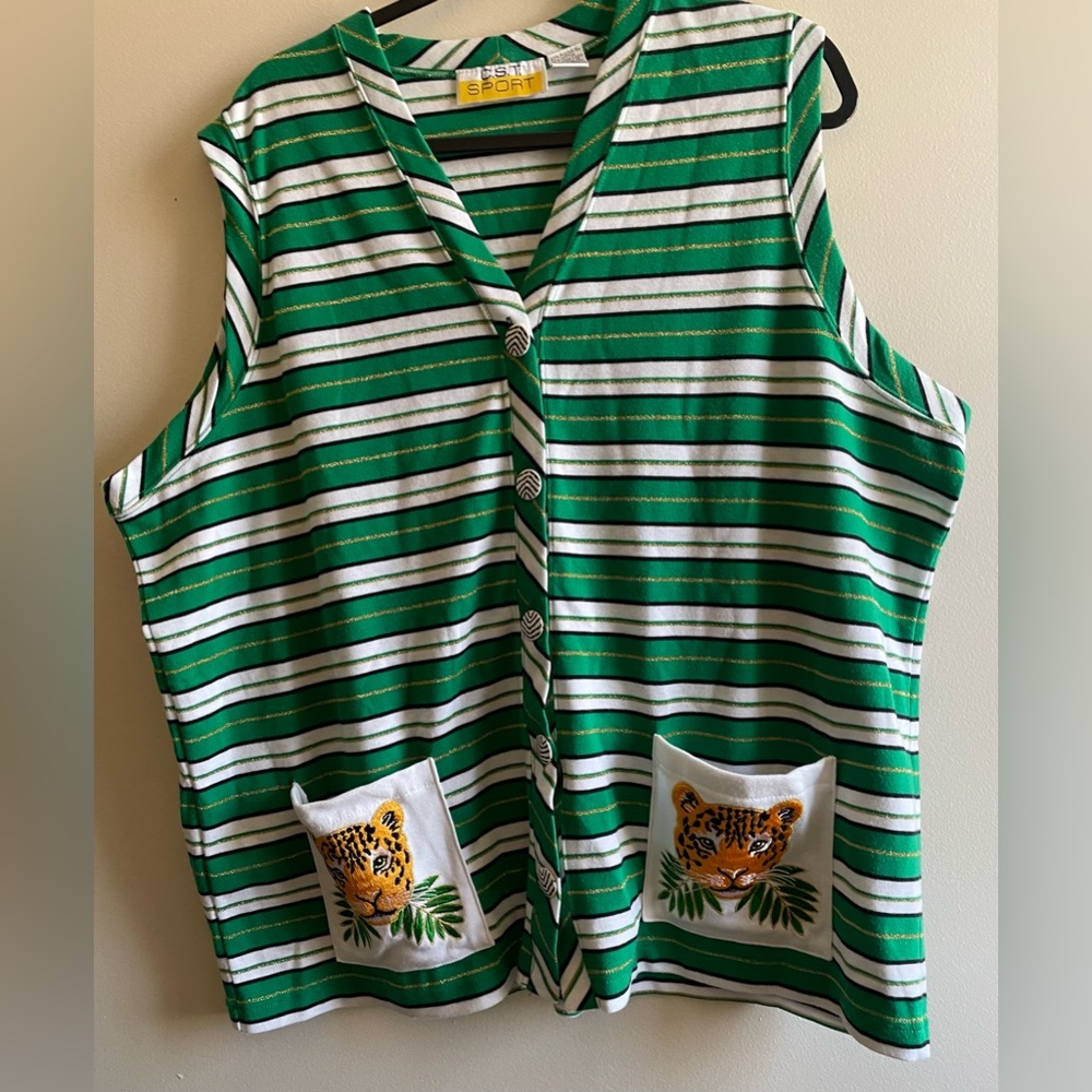 VINTAGE - Green / White / Gold Striped Button Down Vest with Tiger Accents